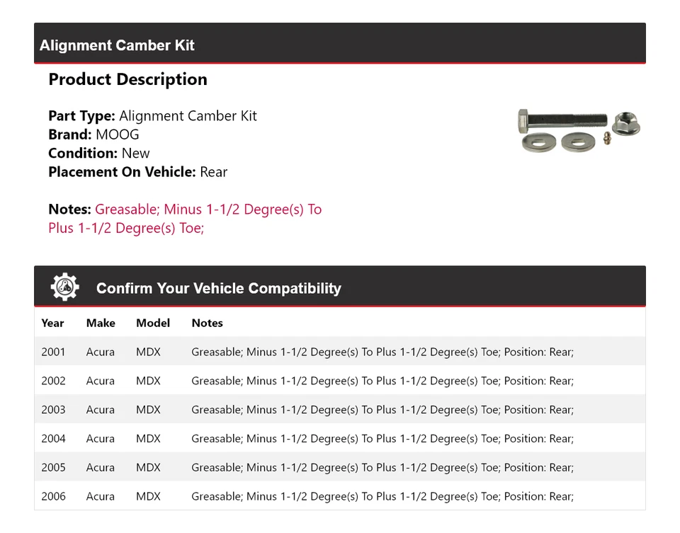 Kit de cambagem de alinhamento traseiro MOOG 2001 2002 2003 2004 2005 para 2001-2006 Acura MDX - Imagem 2 de 4