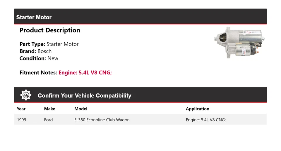 适用于 1999 年福特 E-350 Econoline Club Wagon 5.4L V8 CNG Bosch Starter(全新) — 第 2/4 张图片