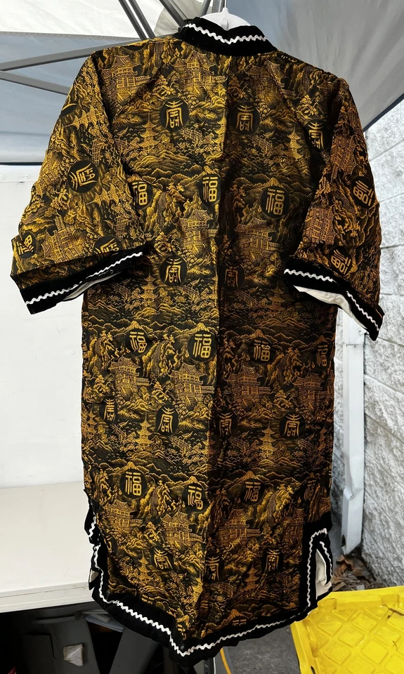 Kimono Joli Brocado Negro Dorado Seda Escena Asiática Pana Acentos Rickrack Foto 4 de 4