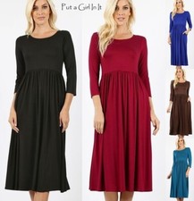 New PLUS SIZE Womens SOFT BLACK BLUE BURGUNDY 3/4 MIDI DRESS POCKETS 1X 2X