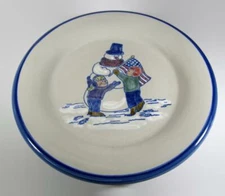 2001 Louisville Stoneware RAISING AMERICA Snowman & US Flag Plate Set of TWO