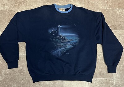 Vtg Morning Sun 3D Beach Lighthouse Double Collar Grandma Sweatshirt L Thrashed