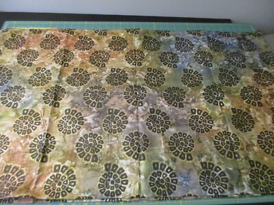 Batik Cotton Fabric 2 Yards Gold & Black Spiral Seashell Designs on Green Brown