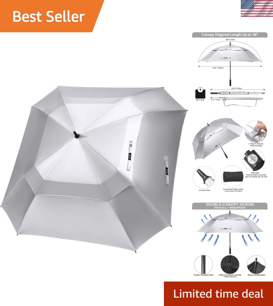 Umbrella 62/68 Inch Square Vented Windproof Auto Open Double