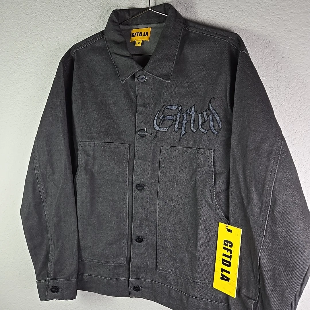 GFTD LA Felix Top Denim Jacket Mens Medium Dark Gray Embroidered Cut+Sew NWT