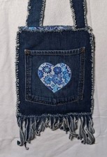 Handmade Boho Upcycled Denim Purse Crossbody Style W/ Reverse Applique Hearts