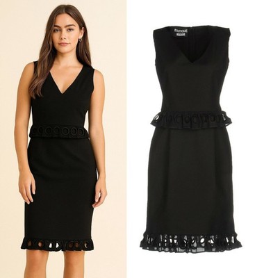 BOUTIQUE MOSCHINO Black Peplum Circle Eyelet Lace Dress USA Sz 6 IT40 $530