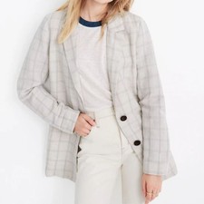 NWT Madewell Dorset Blazer Windowpane Linen Blend Plaid Jacket Beige Size Large