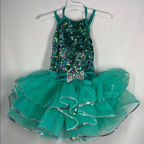Weissman teal dance costume sequin bodice and a multi-layered tulle poof skirt