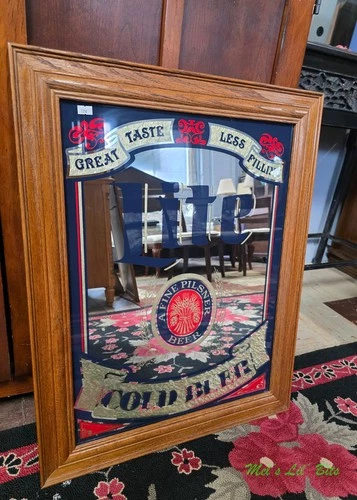 Vintage “MILLER LITE COLD BEER” Large Wood Frame Mirror Bar Pub Sign