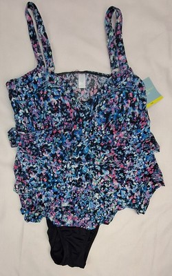 Bal Harbour One Piece Swimsuit Blue Abstract Fauxini UPF 50+ NWT