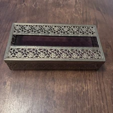 VTG Gold Tone Metal Filigree Tissue Box Cover  MCM Hollywood rectangular