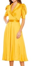 New Ieena Mac Duggal Satin Lapel Puff Sleeve Tea Length A Line Dress 0 Marigold