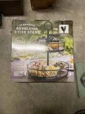 2 Tier Revolving Serving Tray Stand Farmhouse Galvanized Metal & Wood Kitchen