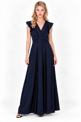 SPORTMAX CODE Maxikleid Navy Blau V-Ausschnitt Ärmellos Volant Plissee M.
