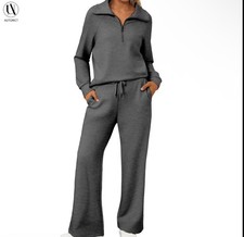 Grey Two-Piece Lounge Set  Half-Zip Pullover  Wide Leg Sweatpants