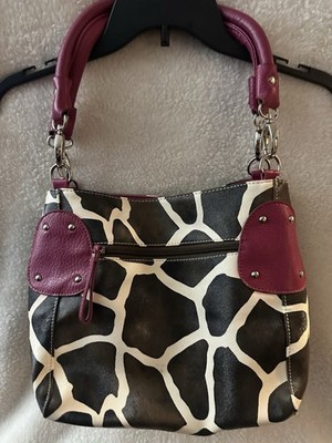YIK FUNG Large Black & White Giraffe Animal Print w/Red Hndls Purse/Tote Bag