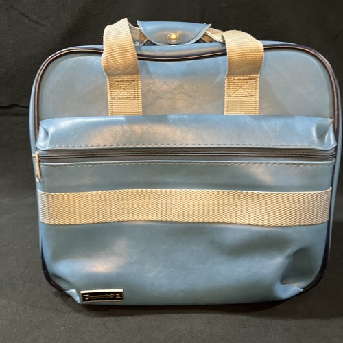 Vintage Brunswick Blue Faux Leather Bowling Bag with Metal Ball Holder.