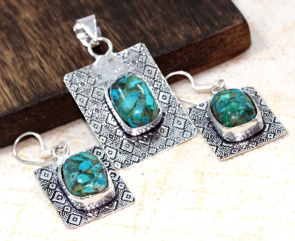 Copper Chrysocolla 925 Silver Plated Pendant Earrings Set 1.6|1.6" AU u667