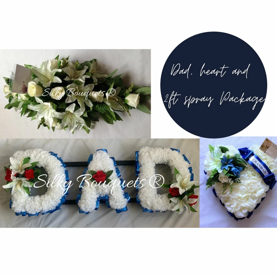 SILKY BOUQUETS LTD. Dad Artificial Silk Funeral Flower Package Tribute Heart Letter Wreath Spray