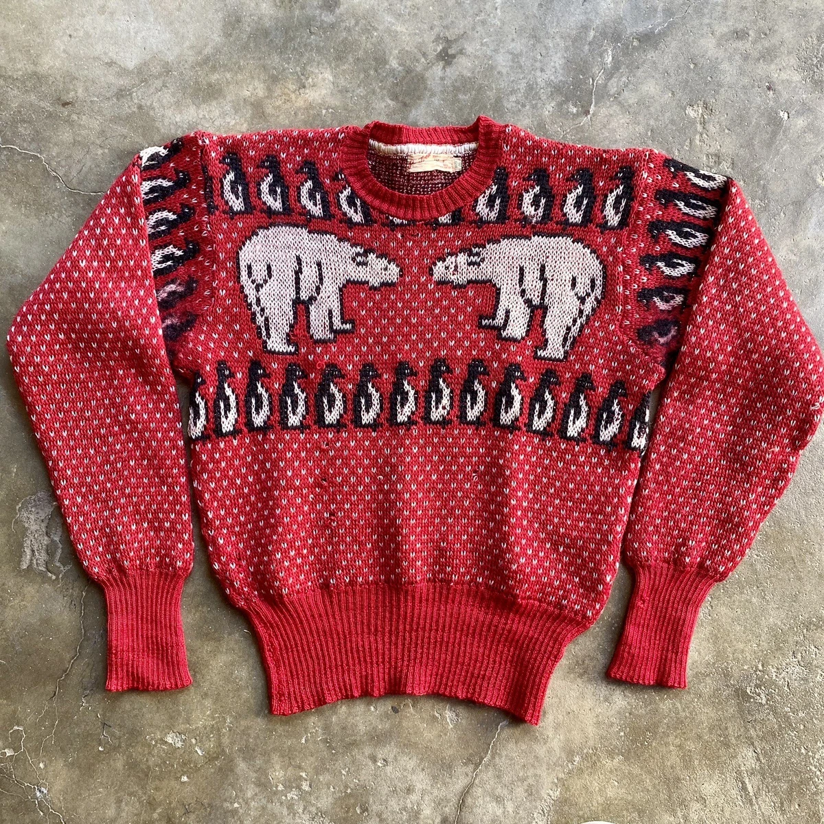 Vintage 40s Jantzen Atomic Polar Bear Penguin Wool Sweater Red Size 16 Rare