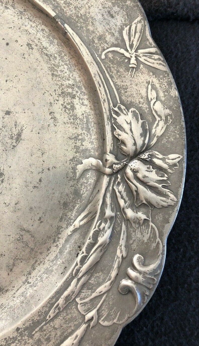 Kayserzinn 13" Pewter Art Nouveau Charger Platter Plate Dragonfly Shells Flowers