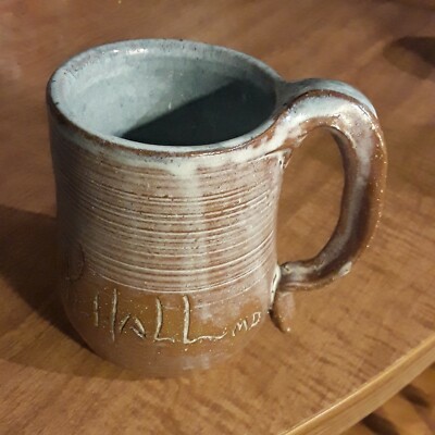 Artisan Pottery Coffee Mug Cup Brown Blue Glazed 11 oz Embossed Signed |  eBay