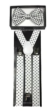 Bow Tie & Suspender High Quality Adjustable Combo Set White w/Black Polka Dot
