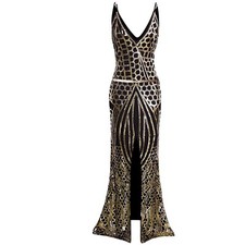 Long Slit Prom Dresses Deep V Neck Sequin Mermaid Bridesmaid Evening Dress