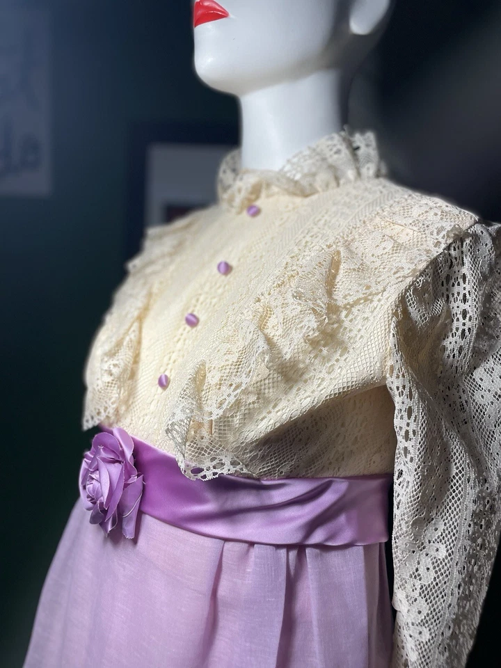 Vintage 60s Fairy Hippy Diva Hi Neck Lace Maxi Dress Empire Prom Gown XXS USA - Image 2 of 4