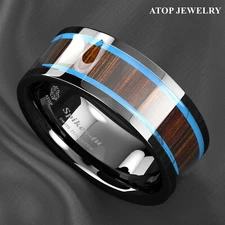 8mm Tungsten Black Turquoise & Koa Wood Men Wedding Band Ring ATOP Jewelry