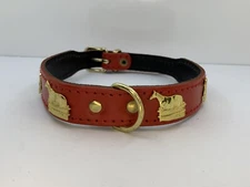 Small Red 16 Inch Long Leather Dog Collar With attached brass Appenzell Horse