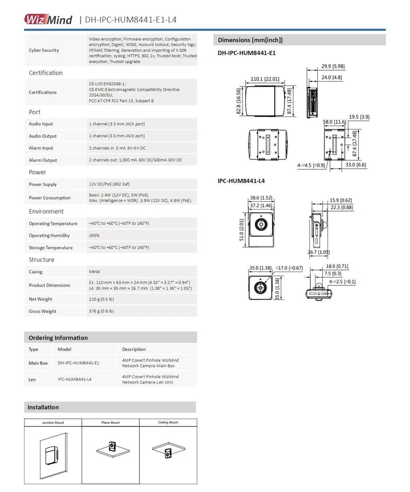 Dahua IPC-HUM8441-E1-L4 4MP Starlight Covert Pinhole WizMind Network Camera UK - Image 4 of 4