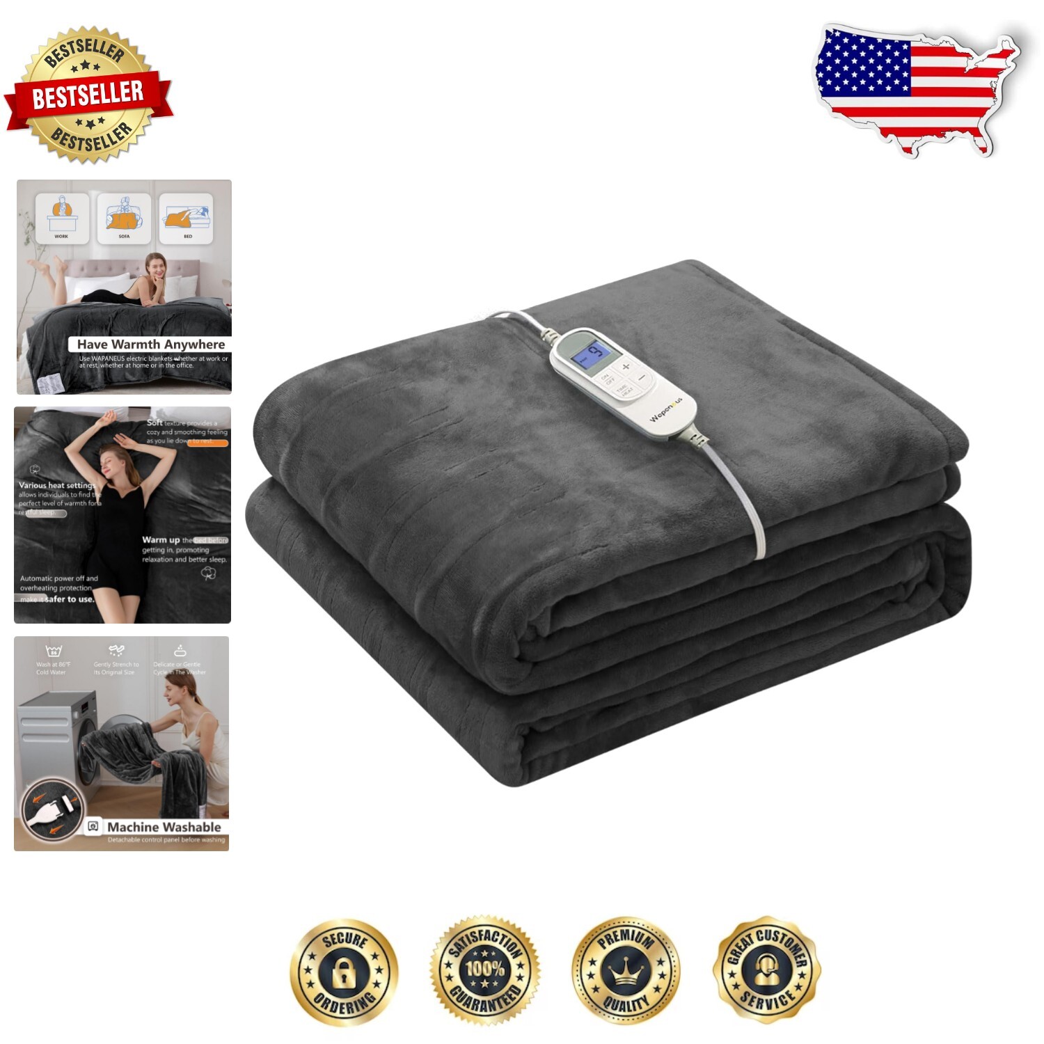 62x84 Luxe Heated Blanket with 10 Heat Settings & ETL Safety