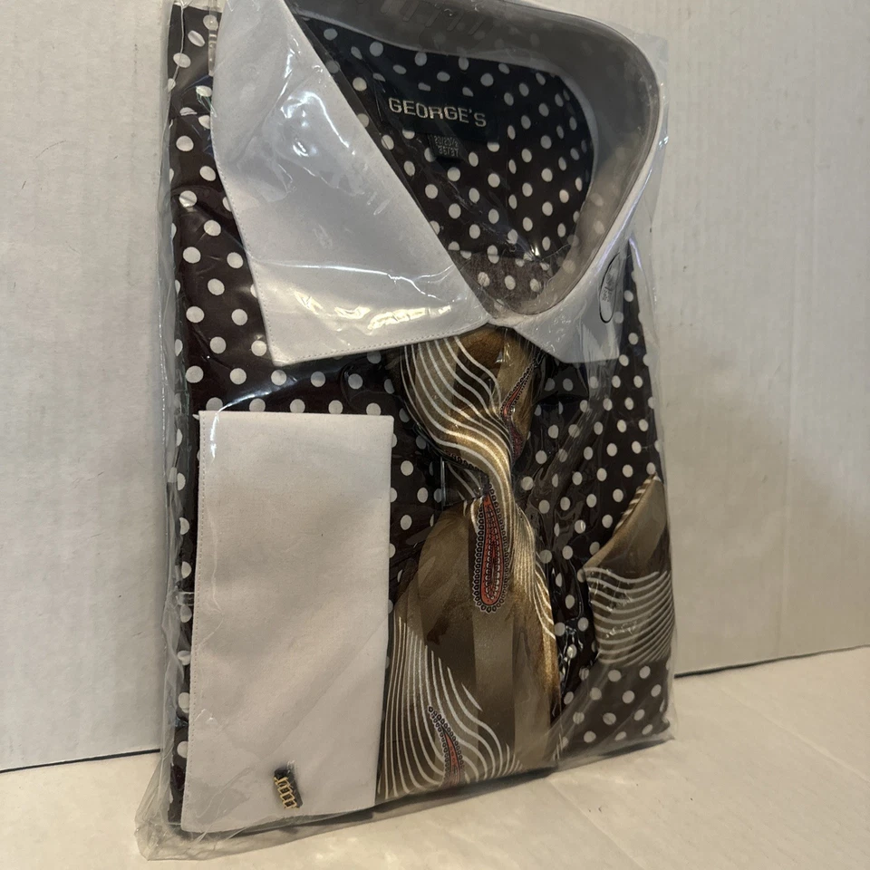 Men's Polka Dot French Cuff Cotton Dress Shirt w/ Tie & Hanky Set Brown/white - Image 3 of 4