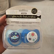 NEW Le Bebe 2 Pack Glow-in-the-Dark Blue Pacifiers UFO, Planets, Stars w/ Case
