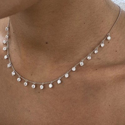Women's Round Certified GH/SI Natural Diamond Station Necklace 14K White Gold
