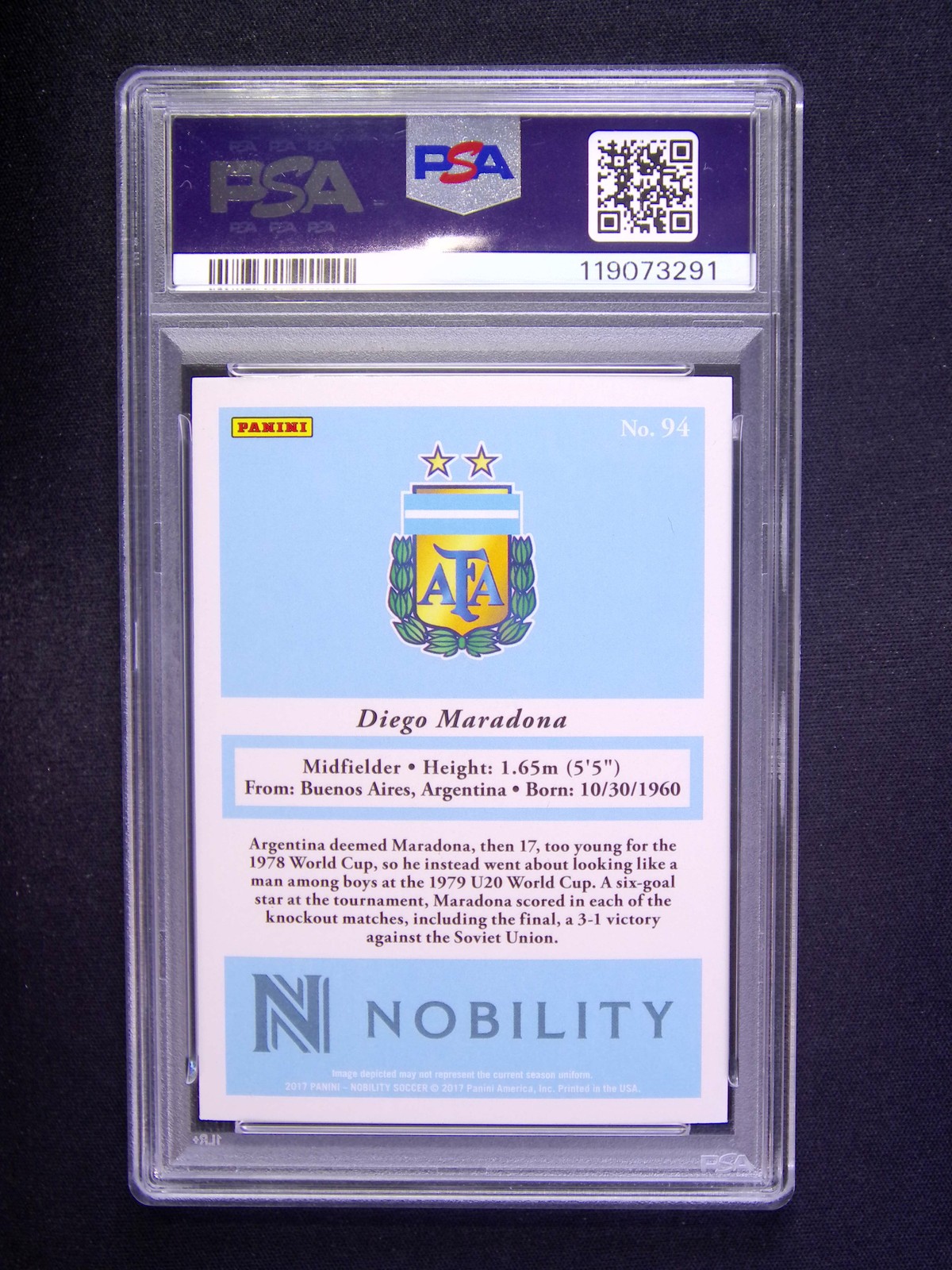 2017 Panini Nobility Diego Maradona #94 Argentina PSA 10 view 2