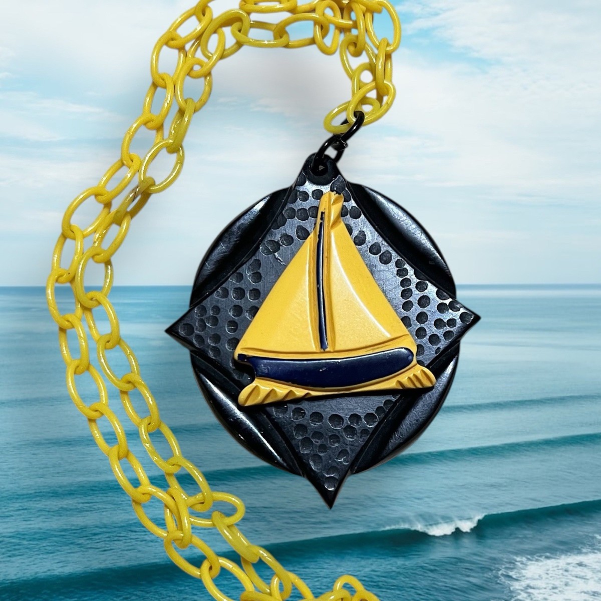 Sailboat Celluloid & Bakelite Pendant Necklace Nautical Necklace Celluloid Chain