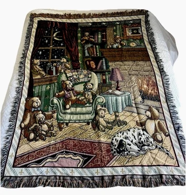 Tapestry Woven Throw Blanket Cabin Fireplace Bears Cottage 50”x70” Americana - Image 1 of 4