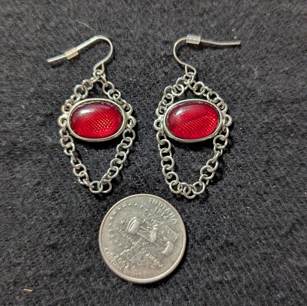 Silver Tone Red Oval Chain Dangle Statement Earri… - image 2