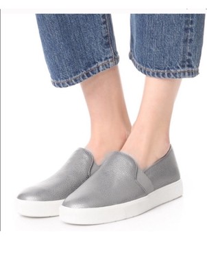 $195 VINCE BLAIR LEATHER WOMEN SLIP ON SNEAKER gunmetal metallic silver 8.5