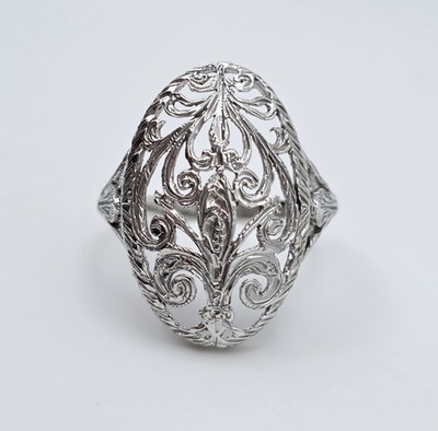 Vintage italienischer 14K Weißgold filigran Fleur de Lis Schild Statement Ring Gr. 9