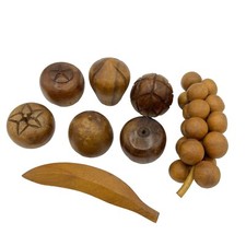 Vintage Wooden Fruit Set Carved Wood MCM Boho Decor 8 Pieces Grapes Banana Plus