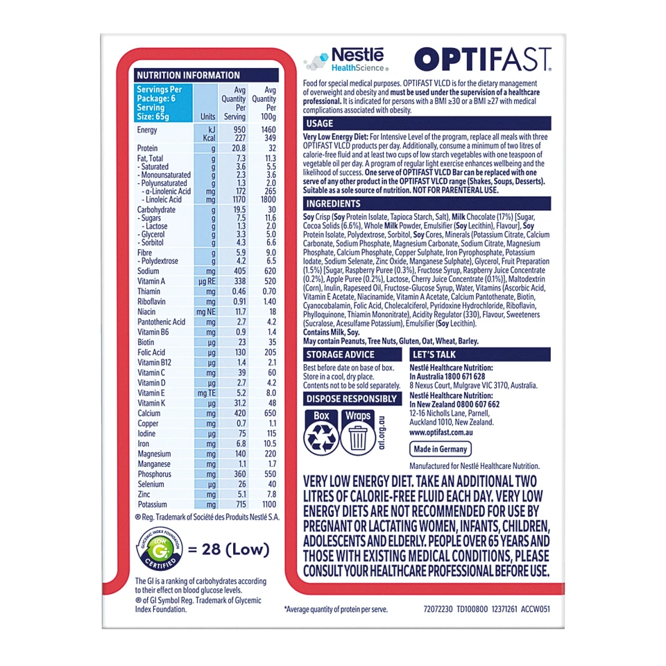Optifast VLCD 6 x 65g (390g) Bars - Berry Crunch Flavour Meal Replacement Diet - Image 2 of 4