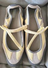 Womens Lands End Mary Janes GRAY Yellow 10D 402198 Walking TREKKER HOOK , LOOP 