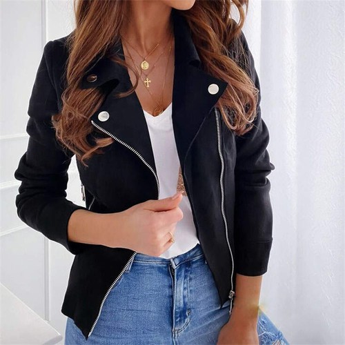 Slim 2024 Lapel Zipper Short Coat Deerskin Velvet Polyester Women's Clothing - Picture 22 of 24