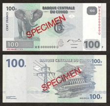 CONGO DEMOCRATIC REPUBLIC 100 Francs MB-O SPECIMEN 2007 P-98s UNC Uncirculated