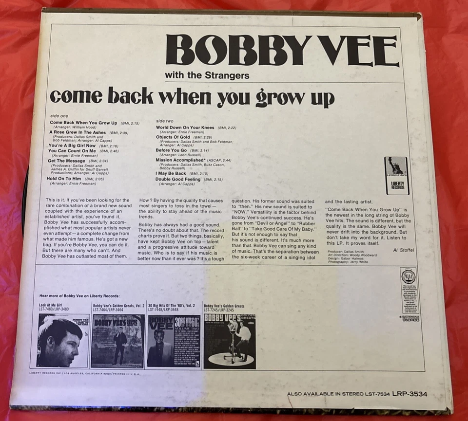 RARE, Bobby Vee: “Come Back When You Grow Up” (1967). #LST-7534. Mint. - Image 2 of 4