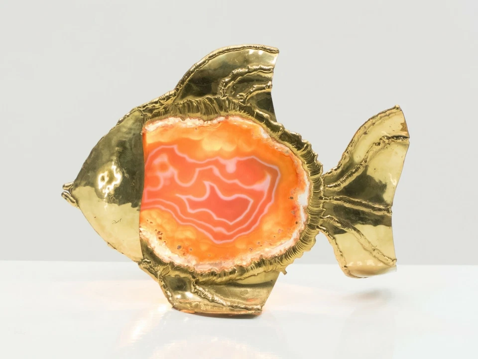 Unique Jacques Duval Brasseur brass agate stone lamp 1970s - Image 2 of 4